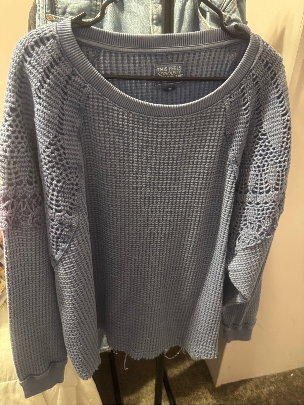 American Age Light Blue Crochet-Sleeve Scoop Neck Sweater.
